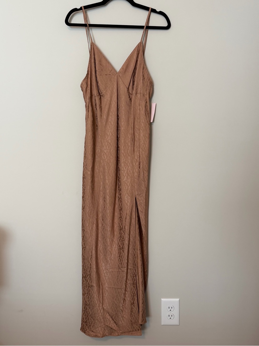 Victoria’s Secret Logo Jacquard Satin Maxi Slip Dress Brown Lace-Up Back M NWT